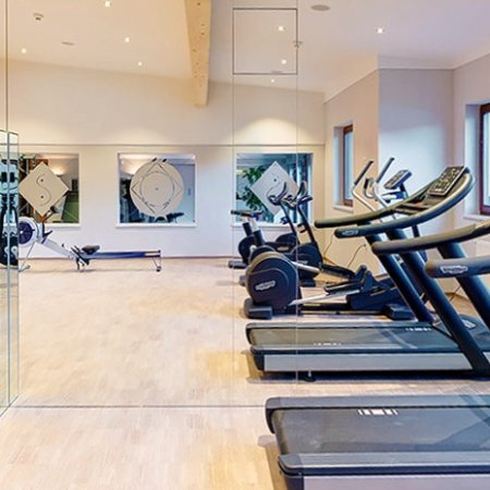 Fitness room with mirror wall and Technogym equipment