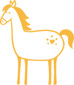 Stylized yellow horse with heart and dots on its side.