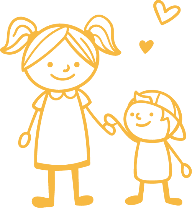 Yellow childlike drawing of two smiling kids with hearts.