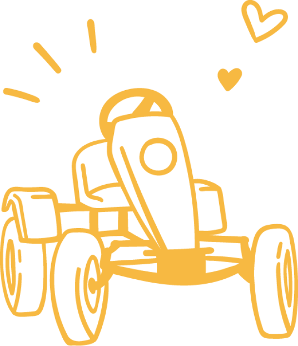 Yellow go-kart illustration with hearts and motion lines.