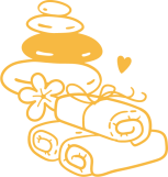 Yellow spa icon with towels, stones, flower and heart.